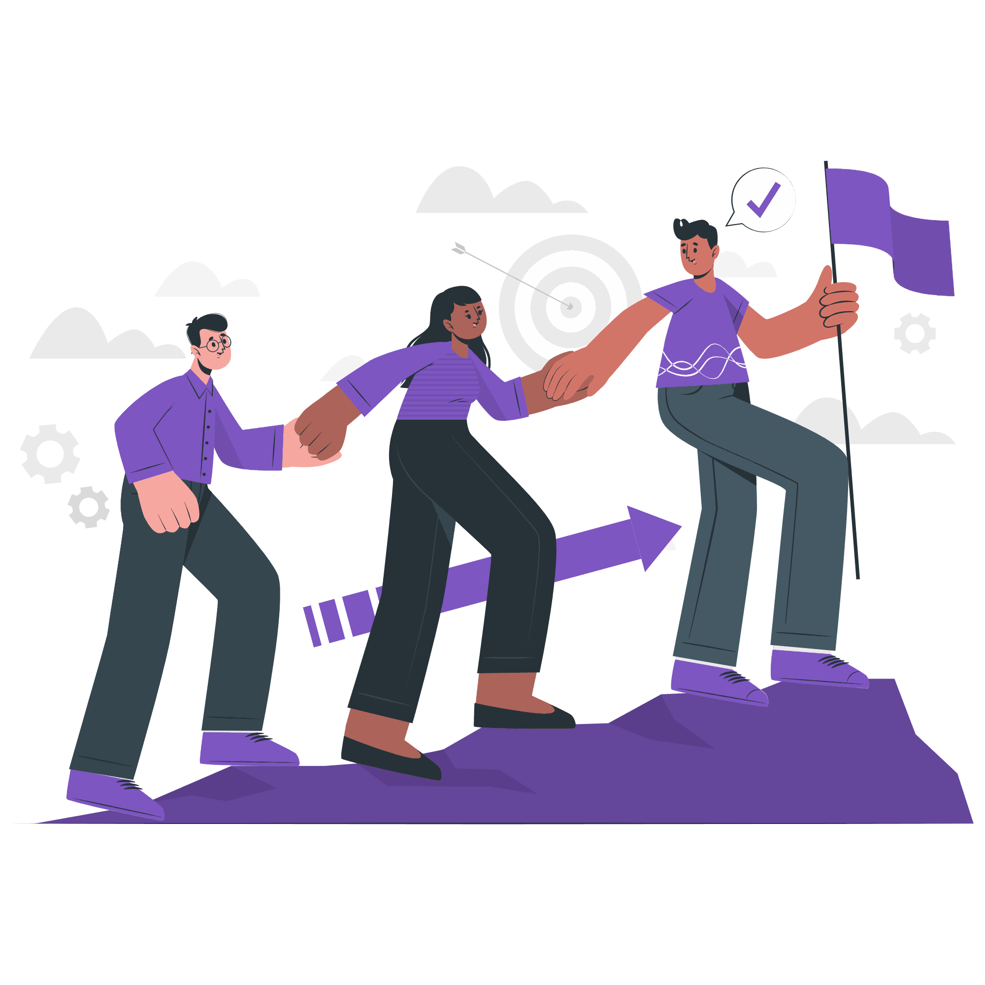 animación de tres personas de la mano alineadas escalando una montaña